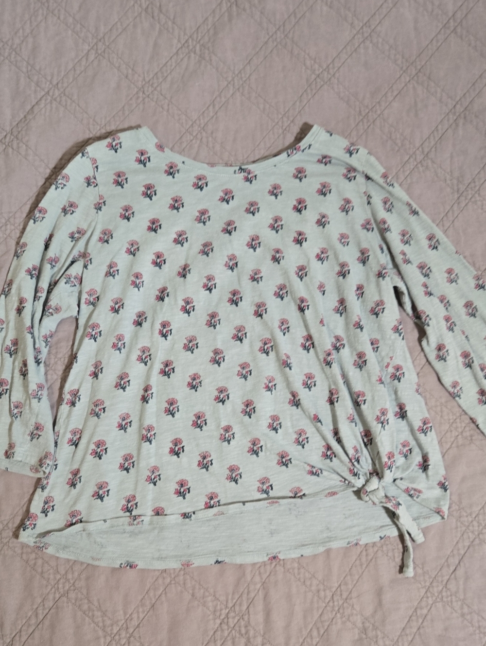 Floral Tie-Hem Long Sleeve Top - Pink Floral on Blue/Green Background
